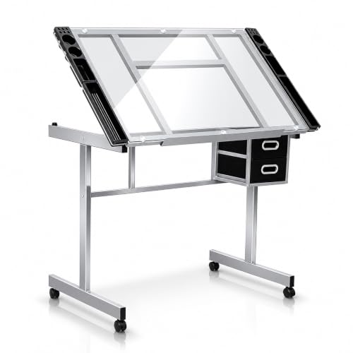 Athena Collection Adjustable Glass Drafting Table, Tilting Art Desk, Grey