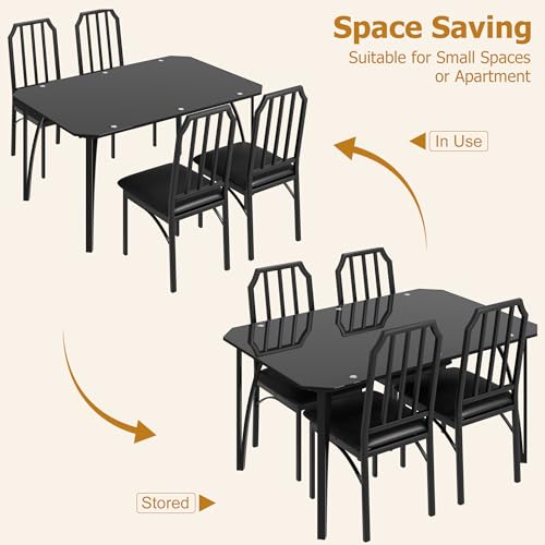 MERXENG Dining Table Set for 4 with Black Glass Top, Modern Kitchen Table and Chairs with Cushioned Seats, Space-Saving Dining Room Furniture for Apartment or Small Space, Easy to Assemble