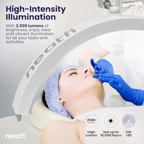 Neatfi Half Moon LED Table Lamp for Estheticians – 2,500 Lumens | CCT Dimming, 5 Light Modes | Professional Task Lamp for Nail Art, Facials, Threading & Tattoos (White, CCT with Base and Clamp)