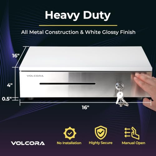 Volcora 16" Manual Push Open Cash Register Drawer for Point of Sale (POS) System - White and Stainless Steel Front Touch Panel - Durable with Removable Tray, 5 Bills and 8 Coin Slots, Key Lock