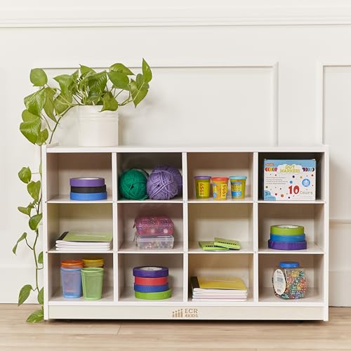 ECR4Kids 12 Cubby Mobile Tray Storage Cabinet, 3x4, Classroom Furniture, White Wash