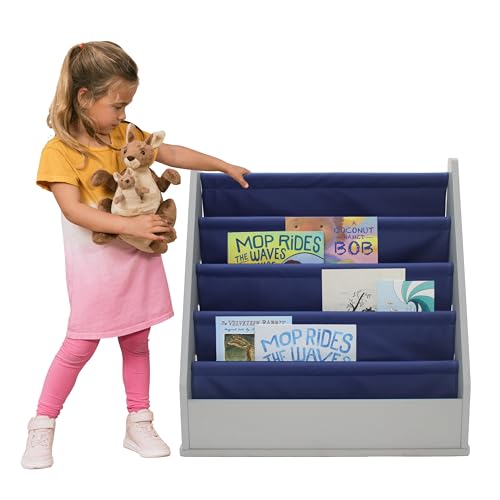 FDP Laminate Children's Sling Book Display Shelf Durable, Easy-Clean Organizer for Daycare, Preschool, Classroom or Home Promotes Early Reading Habits - Gray/Navy