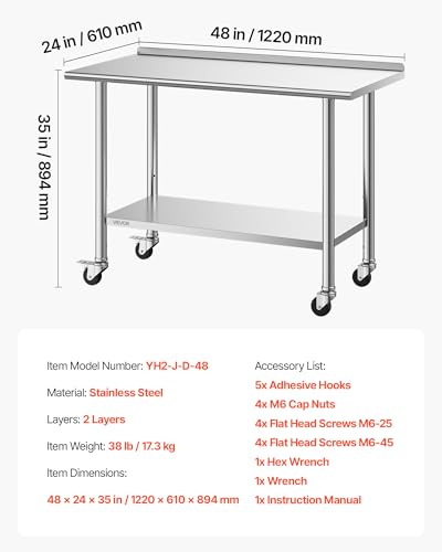 VEVOR Stainless Steel Work Table, 24x48 inch Food Prep Table with Wheels, Commercial Kitchen Workstation with Adjustable Undershelf, Metal Heavy Duty Utility Worktable, for Restaurant Home Outdoor