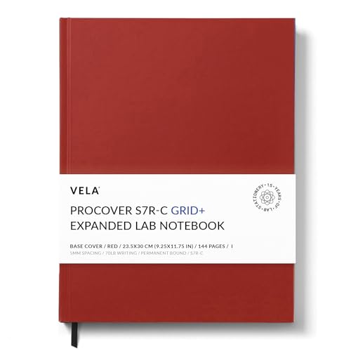 Vela Sciences Advanced S7R-C Expanded ProCover Lab Notebook, 9.25 x 11.75 in (23.5 x 30 cm), 144 Pages, Red Synthetic Leather, Permanent Bound, 70lb Heavyweight Paper (1-Pack, Grid+)