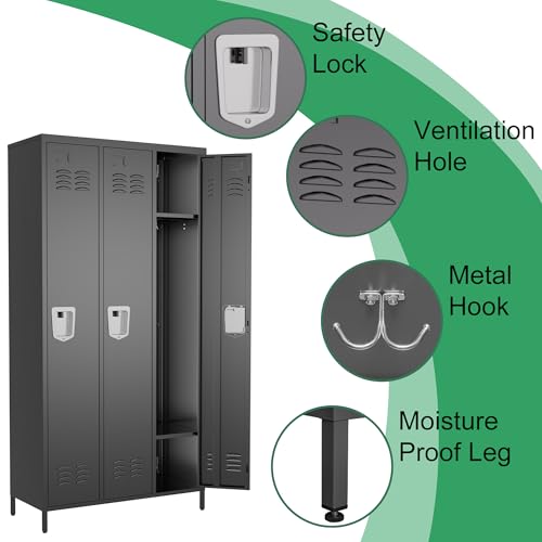 VIYET 3 Door Metal Lockers for Employees,Heavy-Duty Hooks,72" Secure Storage for Home,Offices,Schools & Gyms | Black