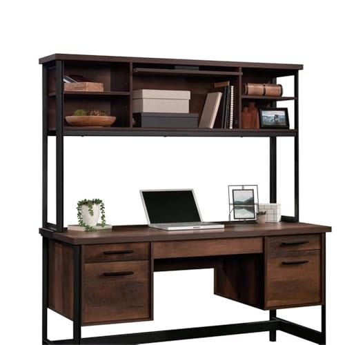 Pemberly Row Contemporary Hutch, 60 in Wide, Engineered Wood and Metal, Barrel Oak Finish, Attaches to Computer Desk, Barrister Door, 2 Adjustable Shelves, Office Storage Organizer