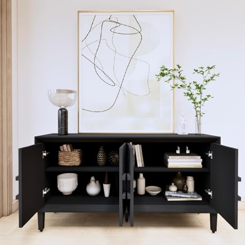 WEALTHKING Industrial Style 4-Door Wooden Credenza with Arc Base & Vintage Clasps - Versatile Storage Cabinet for Living Room, Entryway Console or Home Office Furniture (Black,C)