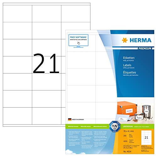 HERMA Self Adhesive Address Mailing Labels, 21 Labels Per A4 Sheet, 4200 Labels for Laser and Inkjet Printers, 70 x 41 mm (4634)