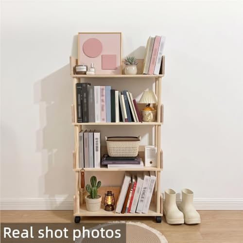 LLXMGRSH Rolling Bookshelf with Wheels, 4 Tier Mobile Bookcase, Narrow Storage Cart with Casters, Wood Standing Organizer, Portable Shelving Unit for Living Room, Bedroom(A,80CM/31.4IN)