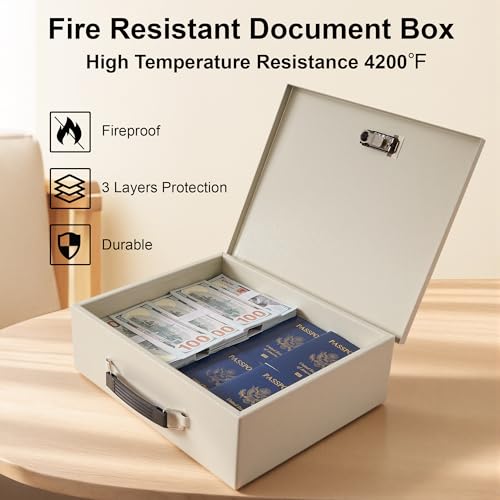 Fireproof Document Lock Box, Large Safe Storage Box for Valuables,Fire Resistance Security Chest, Fireproof Box for Documents,Passport, Cash 13.2''x 11''x4.1", White