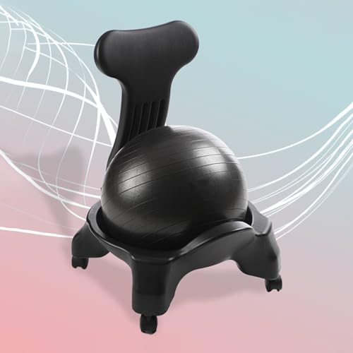 EXCLURA Black Φ55 cm (21 5/8") Yoga Ball Chair, Exercise Ball Chair Rolling Base for Adults, Stability Balance Ball Chair with Back Support