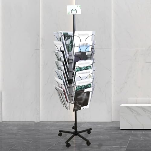ZHDLdpUS Floor Standing Literature Stand, Rotating Mesh Magazine Holder, Metal Wire Display Rack with Pockets and Mobile Wheel, Perfect for Thrift(Color:Style 7)