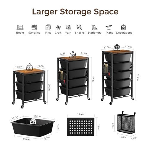 Rolling Cart with 5 Drawers, Plastic Drawer Storage Carts with Wheels & Wooden Tabletop, Metal Utility Cart with Pegboards, Office Living Room Classroom Craft Organization and Storage, Dark Black