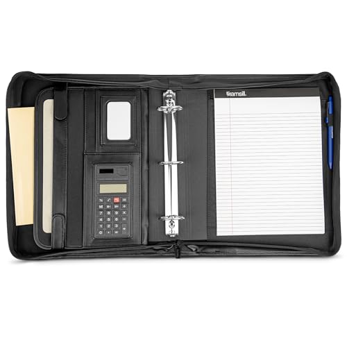 Samsill Professional Padfolio/Portfolio with Zippered Closure Case, 2 Inch Removable Round Ring Binder, Retractable Handles, Interior 10.1” Tablet Sleeve, Black