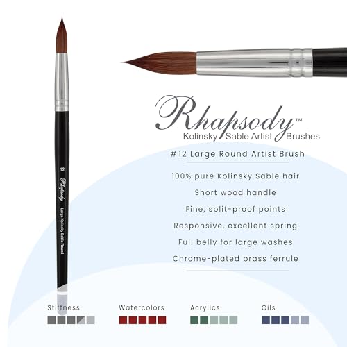 Creative Mark Rhapsody Kolinsky Sable Brushes for Professional Watercolorists - Round # 12 Excellent Spring, Full Belly, Split-Proof Points, Chrome Ferrules, Short Handle, English Sizing