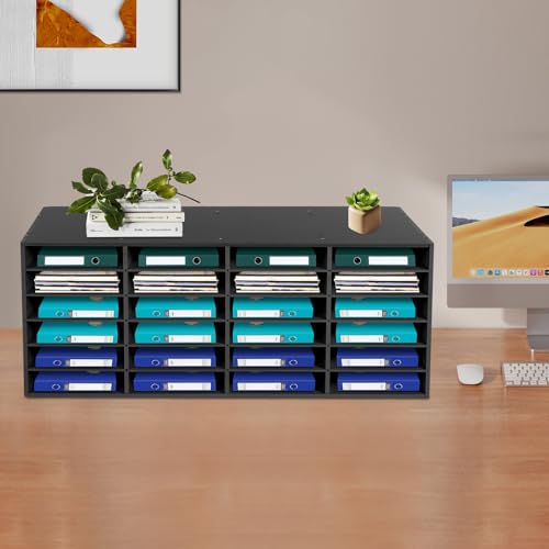 24 Slots Mail Sorter Organizer, Literature Organizer Adjustable Removable Shelves, Paper Storage Cabinet, Desktop Mail Sorter with Install Gloves for Office Classroom Home(Black, 24 Slots)
