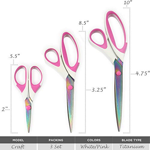 BambooMN Titanium Softgrip Scissors Set for Sewing, Arts, Crafts, Office - 30 Sets of 3 - White w/Pink Inlays