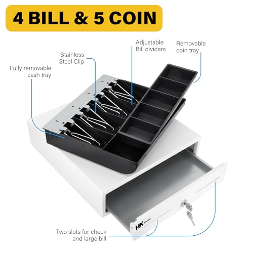 HK SYSTEMS 13inch Heavy Duty Manual Push-Open Cash Drawer with 4Bill/5Coin, Removable Till, Two Medial Slots, White
