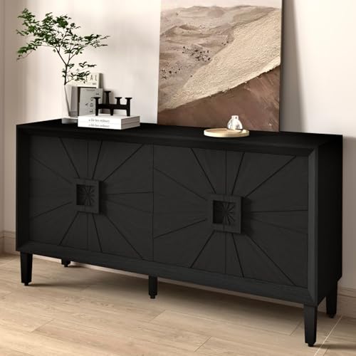 WEALTHKING Industrial Style 4-Door Wooden Credenza with Arc Base & Vintage Clasps - Versatile Storage Cabinet for Living Room, Entryway Console or Home Office Furniture (Black,C)