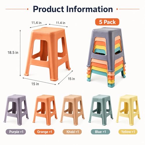 5 Pack Stackable Classroom Stools, 18.5" Height Plastic Stacking Stools Set with Anti-Slip Foot Pads, Backless One-Piece Colorful Seating Chairs for Classroom School Office Home, Space Saving