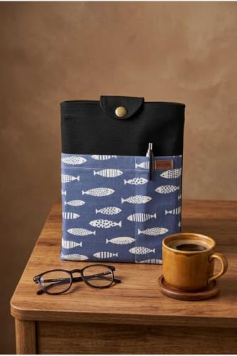Handmade Book and Planner Cover Multifunctional Bag Black Canvas with Patterned Front Pocket 7.9 x 9.8 inches