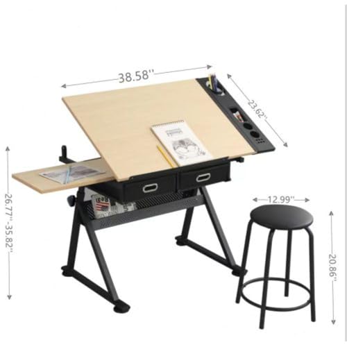 Daklpiw Height Adjustable Drafting Table Drawing Table Artist Desk Tilting Tabletop Art Craft Desk Watercolor Paintings Sketching Work Station w/2 Storage Drawers and Stool for Home Office (Maple)