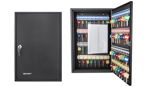 Barska 64 Position Key Cabinet with Key Lock Wall Mounted Security Storage Box Steel Key Organizer with Colorful Key Tag Labels Stickers and Hooks, Key Management, Key Storage Lock Box Wall Mount