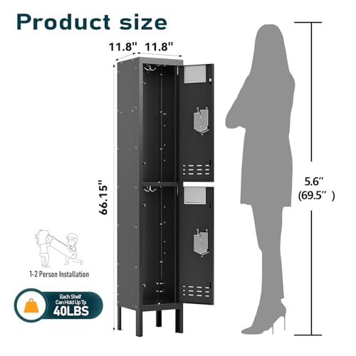 SAPITAL Metal Locker for Home, Dressing Room, 66" Steel Storage Lockers for Employees, Lockable Locker Cabinet with 2 Doors (Black)