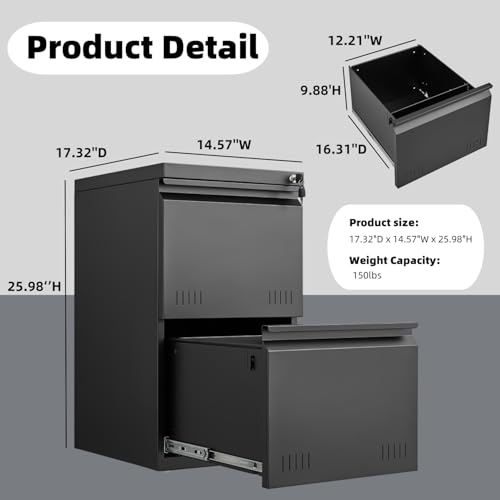 Approgreent 2 Drawer File Cabinets for Home Office, Vertical File Cabinet with Lock, Office Cabinet for A4/Letter/Legal Size, Under Desk Filing Cabinet, Assembly Required(Black)