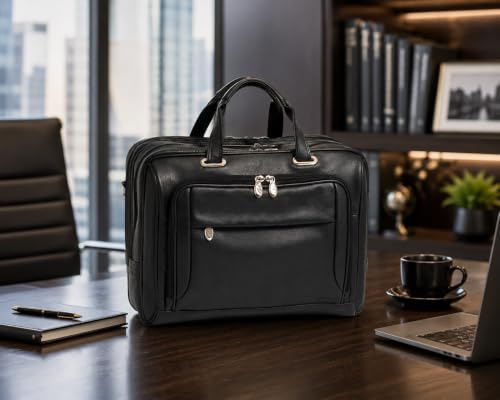 McKlein, I Series, WEST LOOP, Full Grain Cashmere Napa Leather, 15" Leather Expandable Double Compartment Briefcase, Black (44575)
