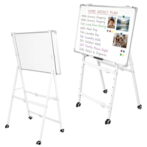 Double-Sided Rolling Whiteboard, Magnetic Mobile Whiteboard with 4 Lockable Swivel Wheels, Height Adjustable Flip Chart Easel Stand, Portable White Board for Home, School & Office Silver 70x100 cm