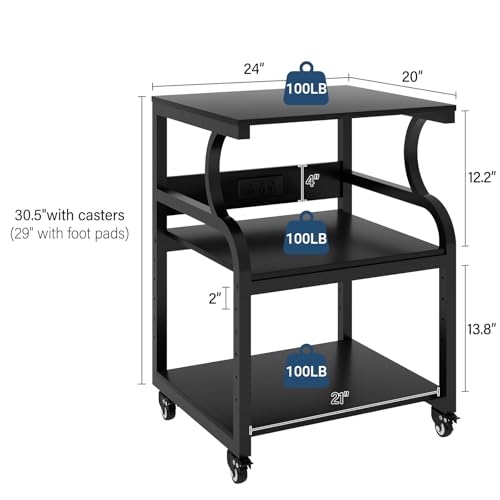 Natwind 3 Tier Large Printer Stand, 24"x20", with Charging Station,Black