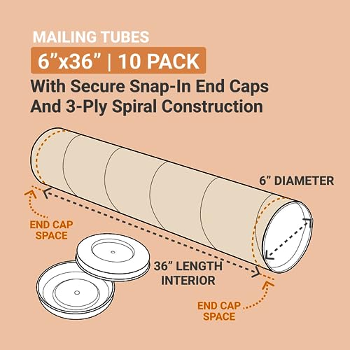 BOX USA Cardboard Tubes with Caps 36x6x6, 10-Pack