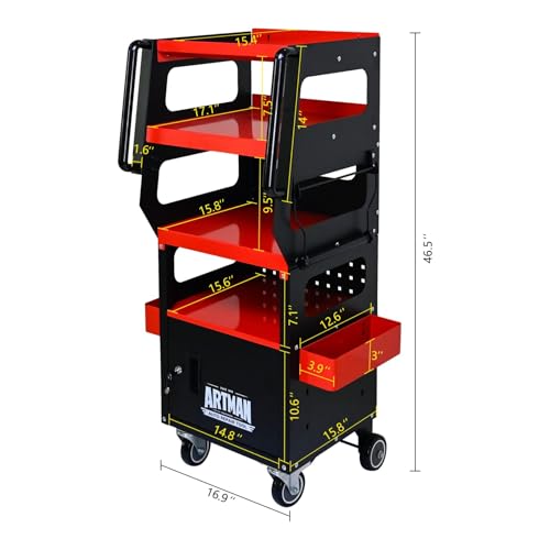4-Level Diagnostic Tool Cart, 46.85H x 16.93W x 15.35D inches, Rolling Storage Trolley with Lock, Black and Red