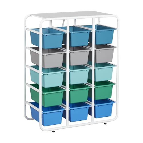 ECR4Kids 5-Tier Storage Rack with 15 Cubby Bins 5x3, Multipurpose Organization, Contemporary