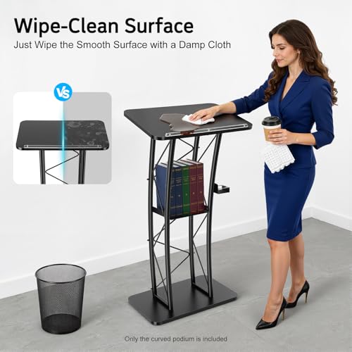 Black Curved Podium, Metal Pulpit Lectern with Baffle & Cup Holder, Truss Lectern Slanted Conference Pulpit for Speeches Opening Ceremony, W 23.6 x L 16in, H: 47in
