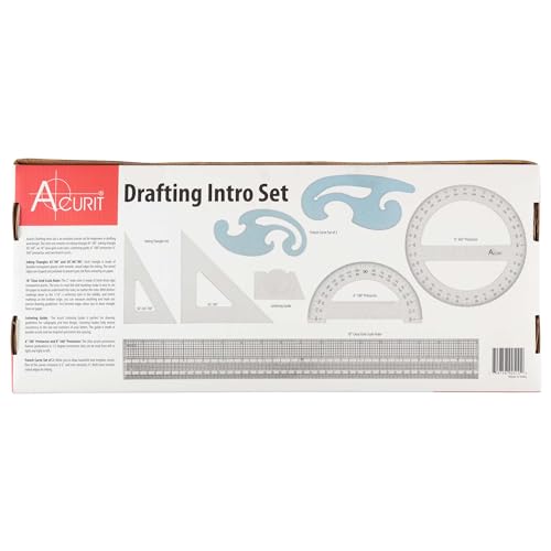 Acurit Drafting Introduction Set of 8 - Professional Drafting Tools for Architects & Artists: Includes Triangles, Grid-Scale Ruler, Lettering Guide, Protractors & French Curves - Drafting Kit