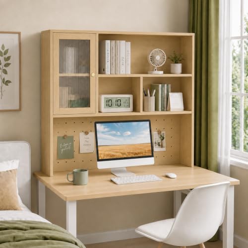 LINLIUA Desktop Bookshelf, Desk Hutch Dorm with Pegboard, Desk Shelves for Top of Desk, Wood Desktop Storage Rack with Cabinet Door, Countertop Bookcase for Office Dorm Home Study
