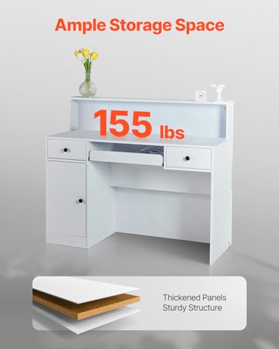 VEVOR Reception Desk, 47 Inch Rectangular Front Counter Table, Office Reception Desk with LED Light, 2 Drawers and Power Outlets, for Checkout, Lobby, Beauty Salon and Office, White