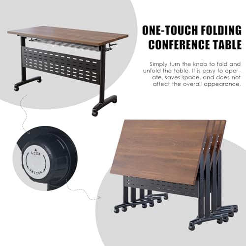 KaBuea Folding Conference Table, Meeting Room Mobile Table with Lockable Wheels, Heavy Duty Rectangular Training Table, Executive Boardroom Furniture for Offices, Reception, Boardroom
