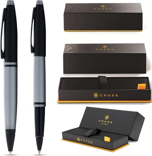 Cross A.T.Cross Calais Gray and Black, with PVD Appointments signature mid Band Selectip Black Gel Ink Rollerball pen and Ballpoint Pen set.