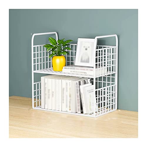 VHDY85KA Bookcase 2-Tier White Desktop Organizers Desktop Bookshelf with Metal Mesh Design for Office Desk Display Shelf Desktop Corner Organizer and Storage for Dorm, Home, Makeup Modern(Small)