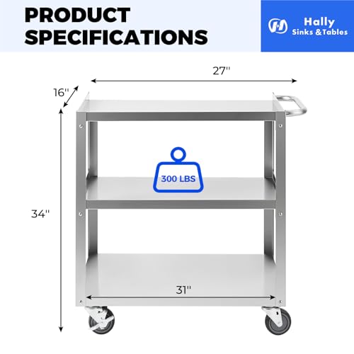 Hally Stainless Steel Utility Cart 3 Tier NSF Rolling Carts 31" Lx19 Wx34 H