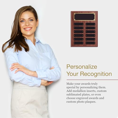 SHOP AWARDS AND GIFTS 9 x 12 Inch Perpetual Plaque Award Multiple Name Plate Board for Employee Appreciation, Recognition, Achievement, Walnut Finish with Black and Gold Header, 12 Name Plates