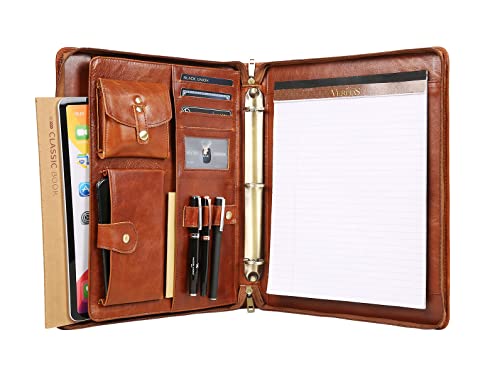 DUKE&COW Leather Portfolio with 3 Ring Binder, Personalized Leather Binder Padfolio Executive Folio Zippered, Engraved Leather Folder Portfolio Organizer, Custom Gift for Men Women （Brown, Custom）