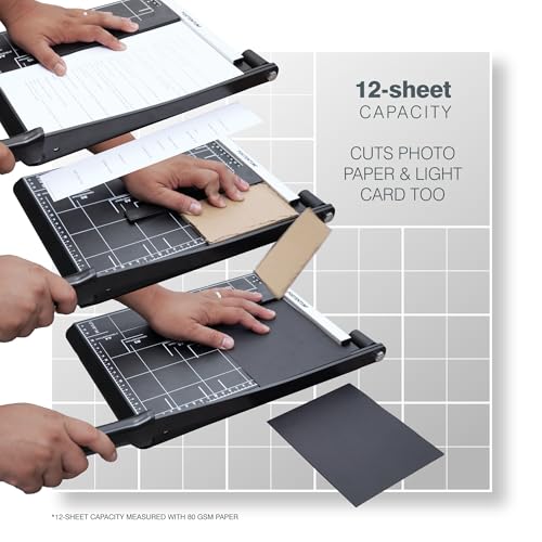 PORTENTUM Guillotine Paper Cutter A4 with Adjustable Magnetic Square and Non-Slip Base – Precision Trimmer with arm Lock and Printed Guides – Cutter Compatible with A4, A5, B5, B6, B7 – 12 Sheets
