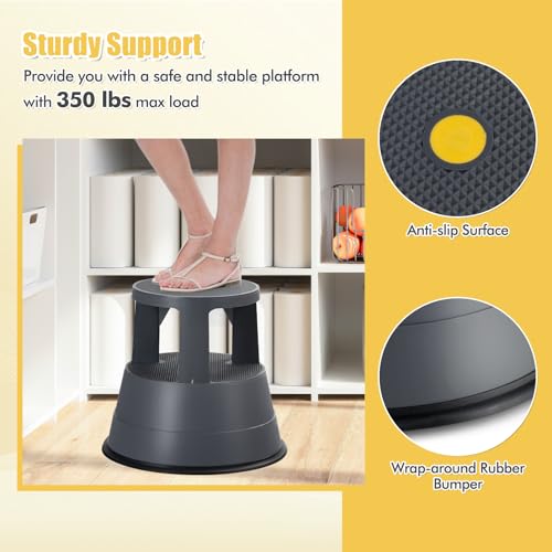 SPORFIT Rolling Step Stool with Retractable Spring Casters and Sitting Function, Kik Stool with 3 Movable Rolling Wheels, Two Step Stool for Home Office Library Kitchen, Premium PP, Gray
