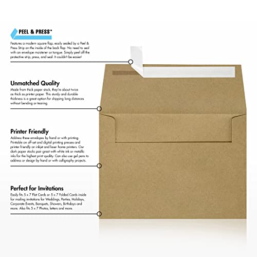 LUXPAPER A7 Invitation Envelopes for 5 x 7 Cards in 80 lb. Grocery Bag, Printable Envelopes for Invitations, w/Peel and Press Seal, 500 Pack, Envelope Size 5 1/4 x 7 1/4 (Brown)