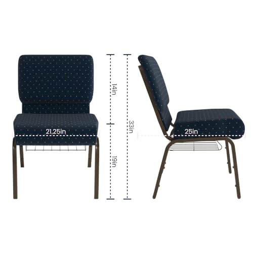 Flash Furniture HERCULES Series 21''W Church Chair in Navy Blue Dot Patterned Fabric with Book Rack - Gold Vein Frame
