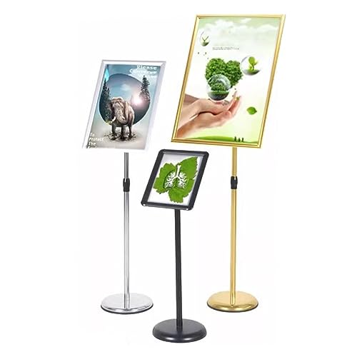 JDXQBLD Metal Sign Stand Menu Stand for Display,Adjustable Floor Standing Sign Holder,Pedestal Heavy Duty Poster Stand with Round Base,Business & Store Sign Holder，Gold A2